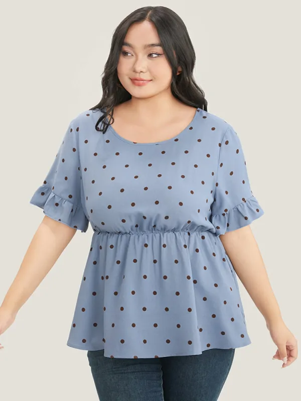 Polka Dot Crisscross Back Ruffles Trim T-shirt sold by Bloomchic