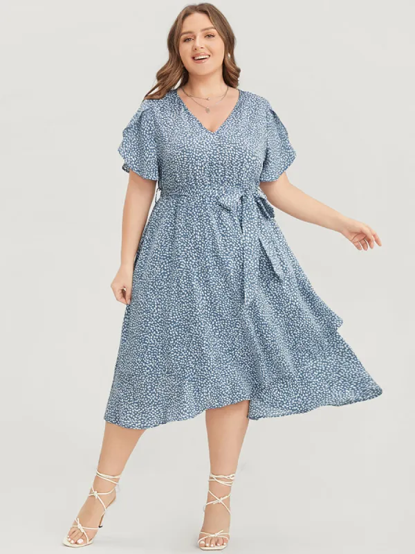 Polka Dot Split Sleeve Ruffle Pocket Belted Asymmetrical Hem Dress sold by Bloomchic