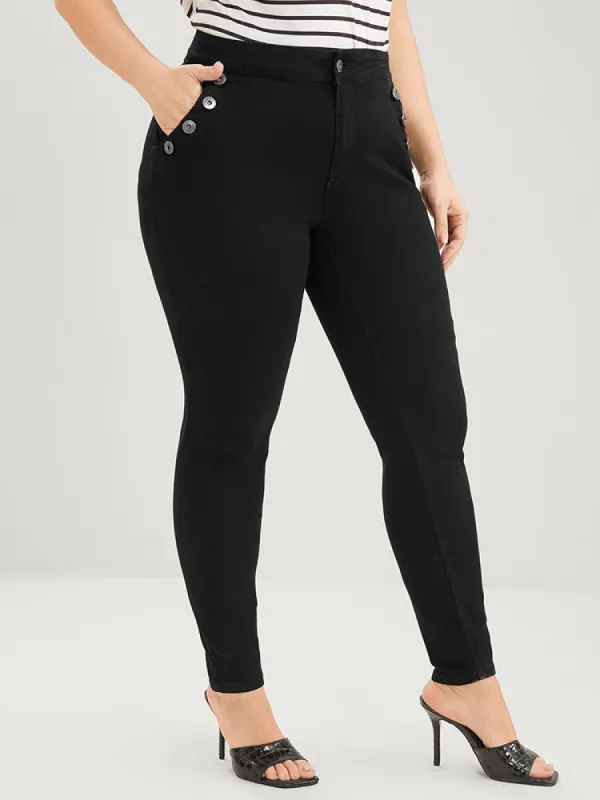 Skinny Slightly Stretchy High Rise Black Wash Button Detail Jeans sold by Bloomchic