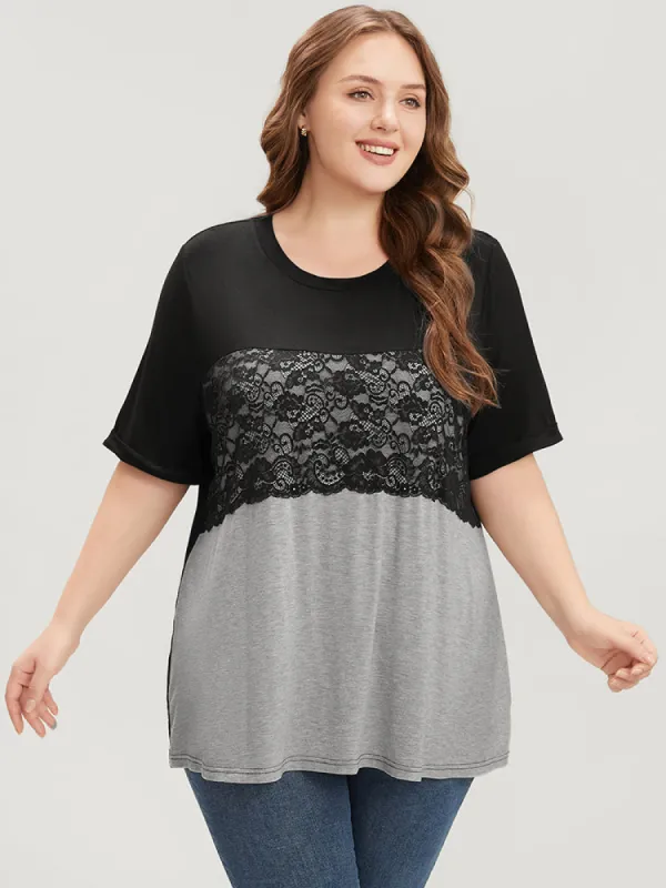 Colorblock Contrast Round Neck Lace Insert T-shirt sold by Bloomchic