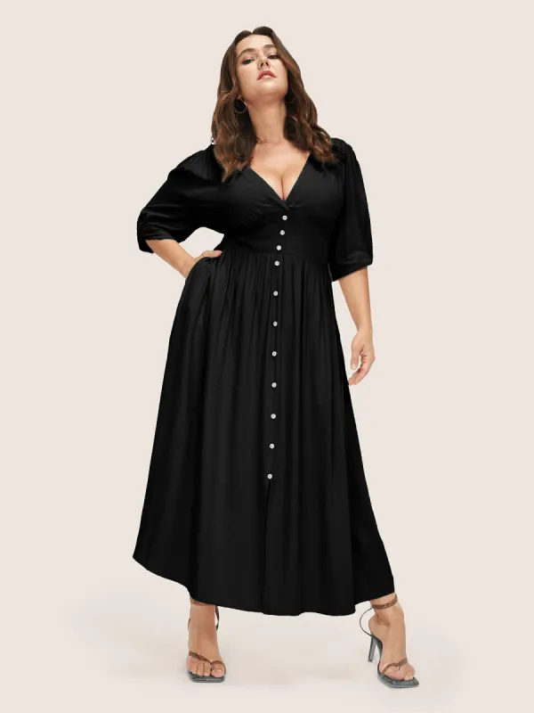 Plunging Neck Button Detail Pocket Maxi Dress sold by Bloomchic
