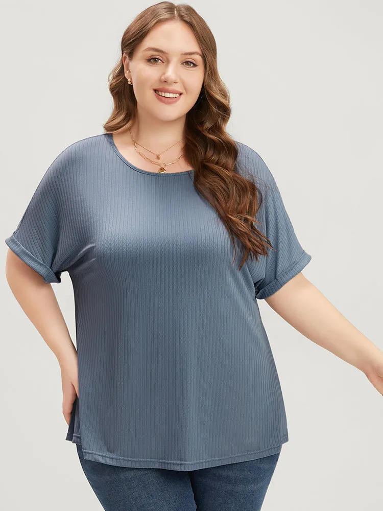 Plain Round Neck Rib Knit Tee sold by Bloomchic