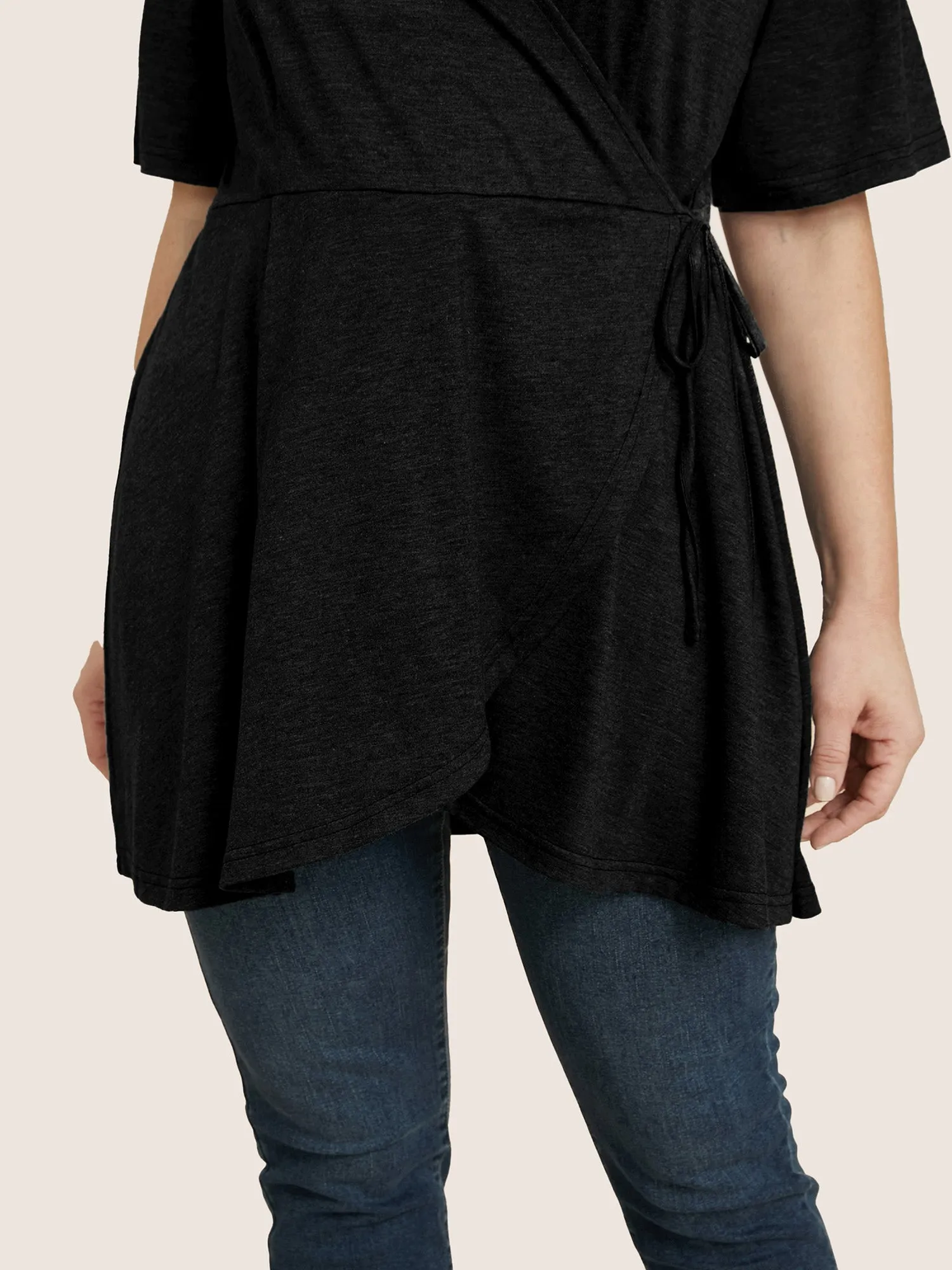 Plain Surplice Neck Tie Side Asymmetrical Hem T-shirt sold by Bloomchic product image thumbnail 5