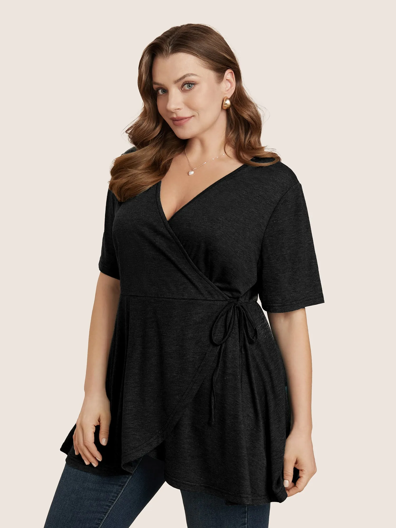 Plain Surplice Neck Tie Side Asymmetrical Hem T-shirt sold by Bloomchic product image thumbnail 3