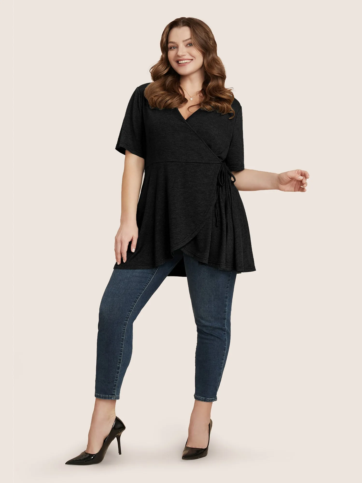 Plain Surplice Neck Tie Side Asymmetrical Hem T-shirt sold by Bloomchic product image thumbnail 2