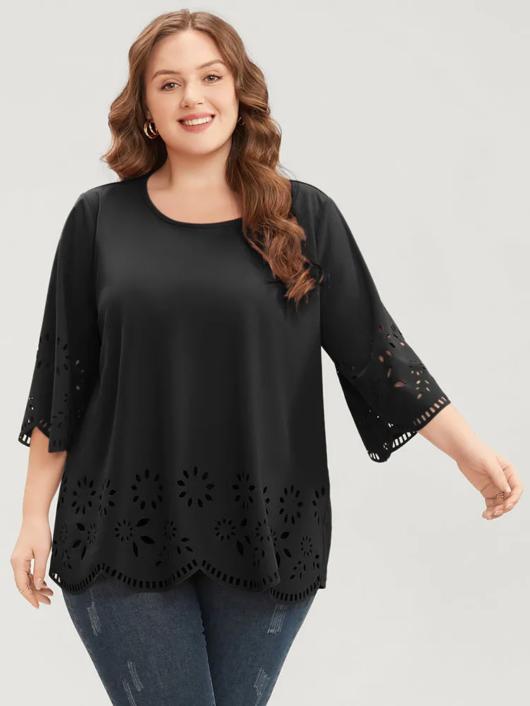 Solid Laser Cut Scalloped Trim T-shirt sold by Bloomchic