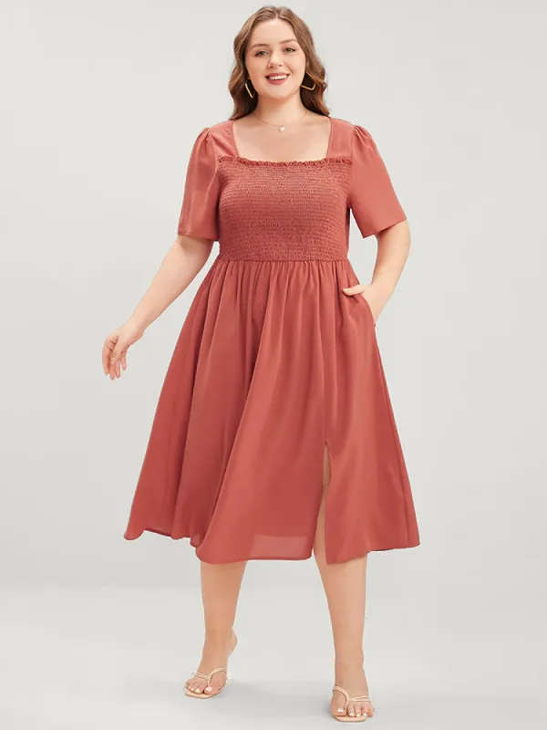 Plain Square Neck Shirred Pocket Split Hem Dress sold by Bloomchic