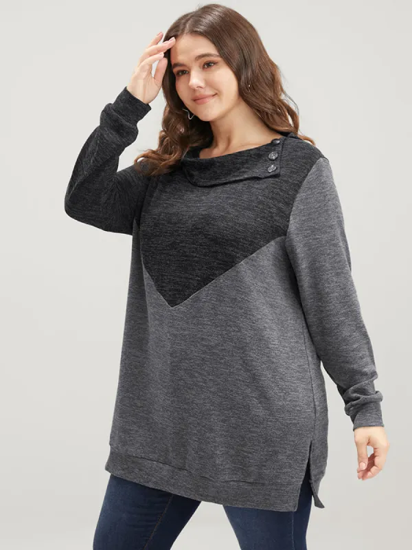 Colorblock Contrast Button Detail Split Hem Sweatshirt sold by Bloomchic