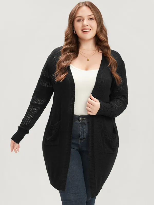 Plain Soft Sexy Ice Rayon Yarn Pocket Eyelet Open Front Cardigan sold by Bloomchic
