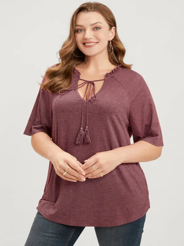 Plain Ties Up Frill Trim Raglan Sleeve Tee sold by Bloomchic