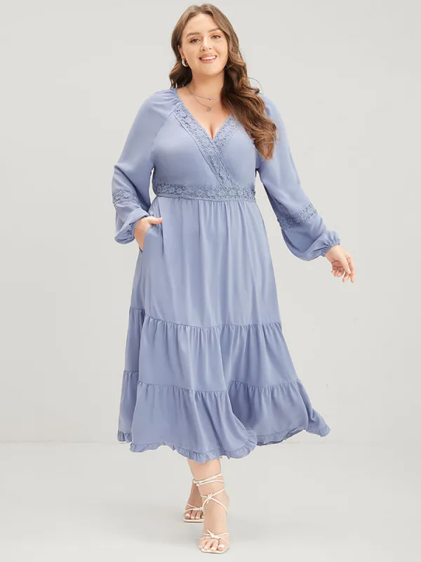 Plain Wrap Pocket Lantern Sleeve Contrast Lace Ruffle Tiered Dress sold by Bloomchic