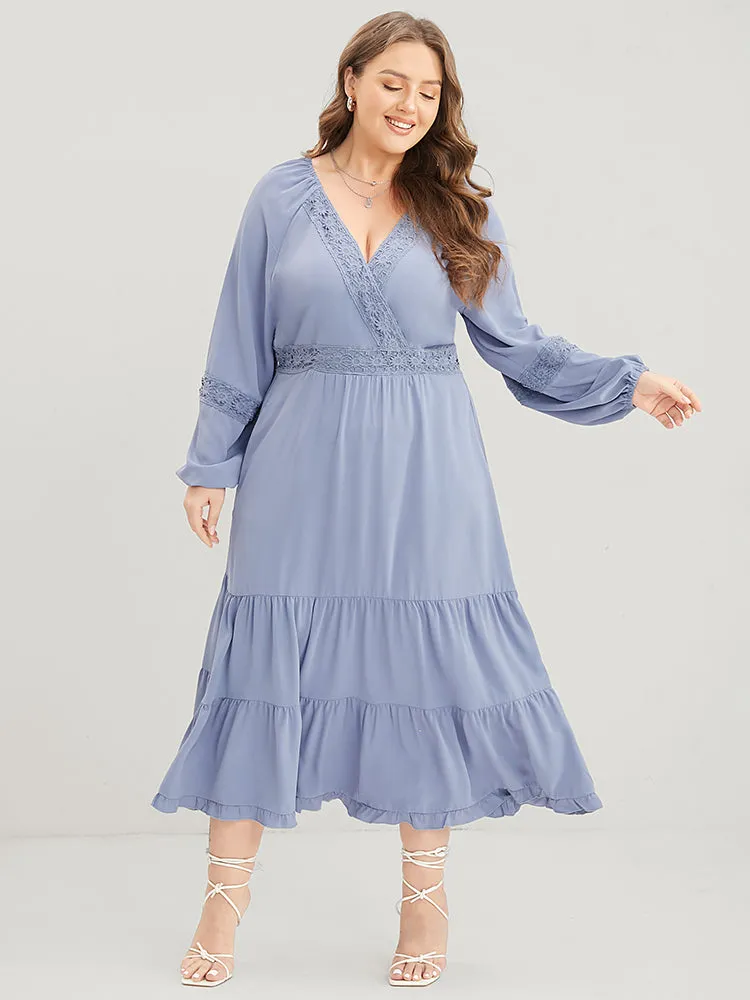 Plain Wrap Pocket Lantern Sleeve Contrast Lace Ruffle Tiered Dress sold by Bloomchic product image thumbnail 2