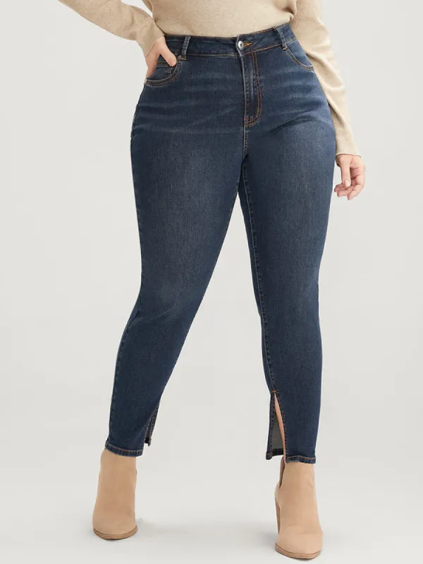 Mom Jeans Skinny Moderately Stretchy High Rise Medium Wash Split Jeans sold by Bloomchic