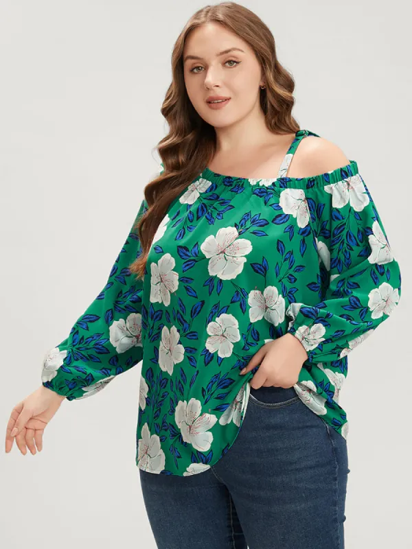 Floral Lantern Sleeve Adjustable Straps One Shoulder Blouse sold by Bloomchic