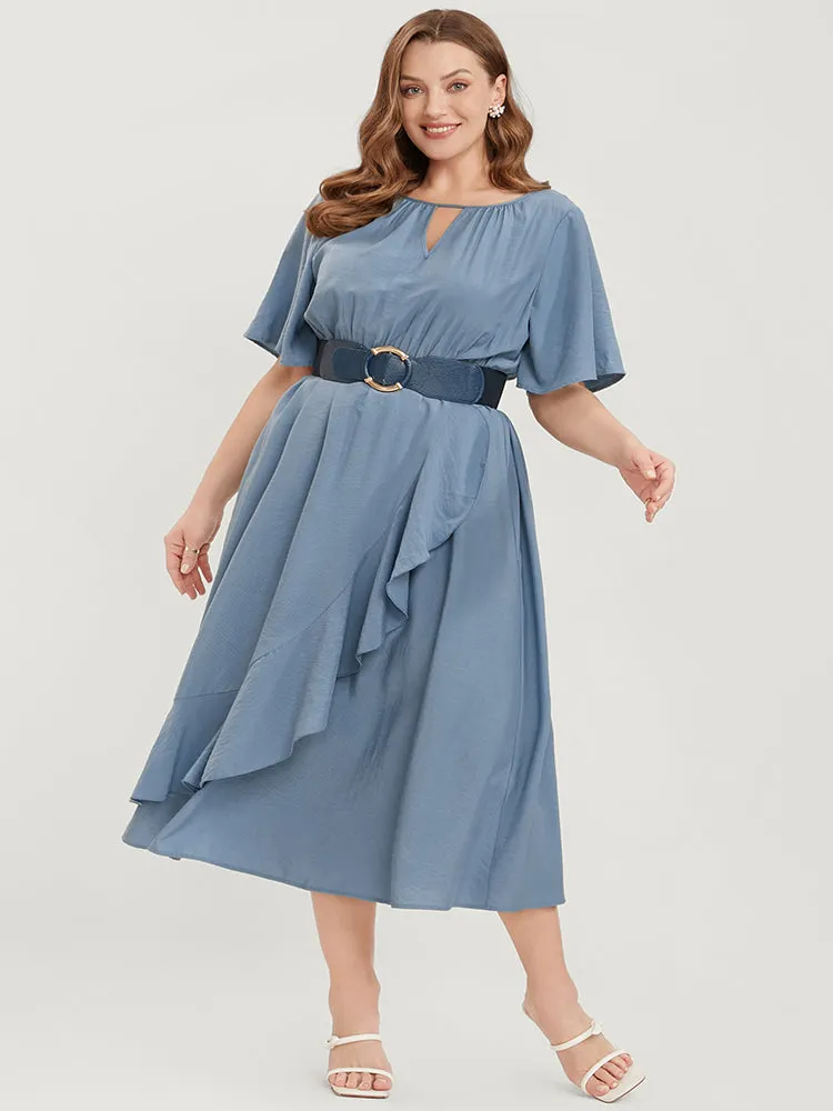 Solid Keyhole Round Neck Pocket Ruffle Trim Rib Knit Dress sold by Bloomchic product image thumbnail 2