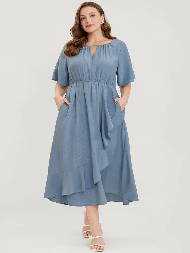 Solid Keyhole Round Neck Pocket Ruffle Trim Rib Knit Dress sold by Bloomchic product image thumbnail 3