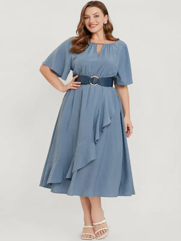Solid Keyhole Round Neck Pocket Ruffle Trim Rib Knit Dress sold by Bloomchic