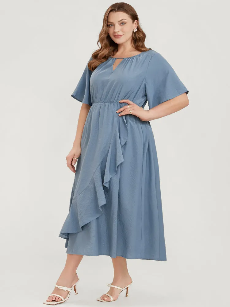 Solid Keyhole Round Neck Pocket Ruffle Trim Rib Knit Dress sold by Bloomchic product image thumbnail 4
