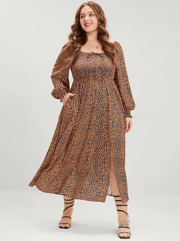Ditsy Floral Pocket Shirred Lantern Sleeve Split Hem Dress sold by Bloomchic
