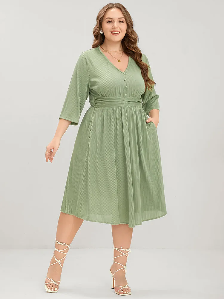 Plain Button Detail Pocket Ruched Rib Knit Flutter Dress sold by Bloomchic product image thumbnail 3