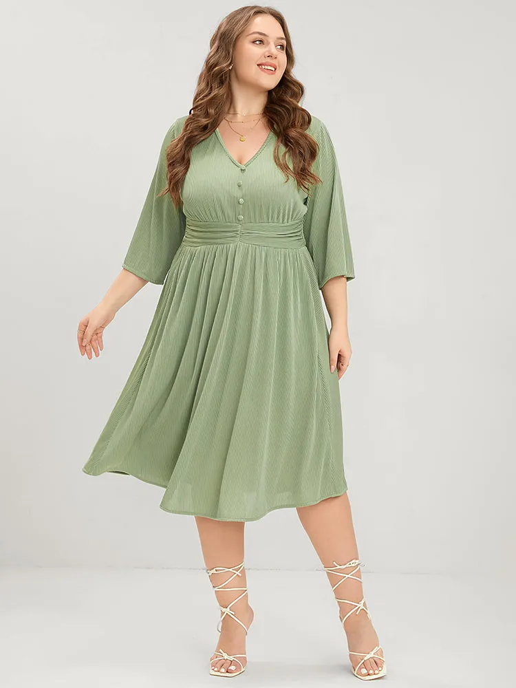 Plain Button Detail Pocket Ruched Rib Knit Flutter Dress sold by Bloomchic product image thumbnail 2