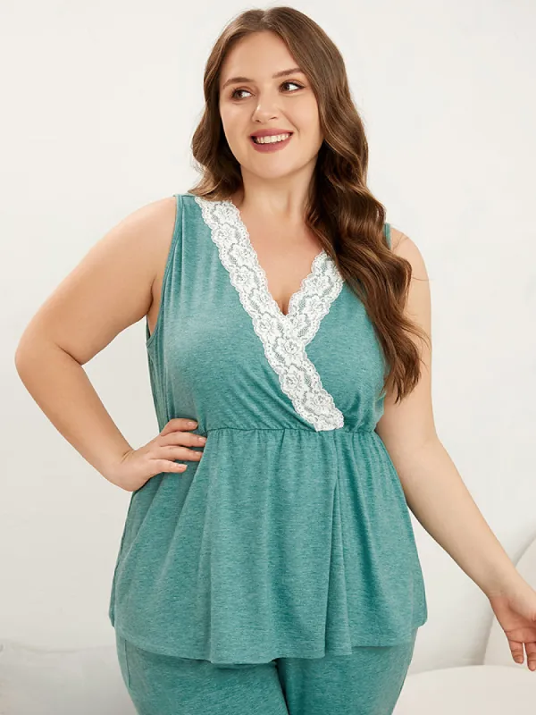 Plain Lace Trim Surplice Neck Sleeveless Sleep Top sold by Bloomchic