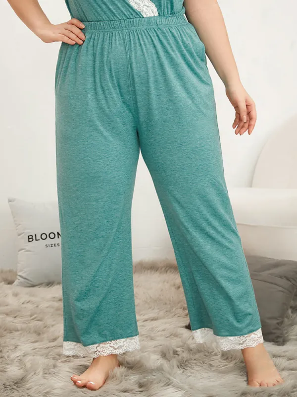 Plain Elastic Waist Pocket Lace Hem Sleep Pants sold by Bloomchic
