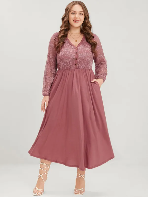 Plain Crochet Lace Button Up Pocket Lantern Sleeve Midi Dress sold by Bloomchic