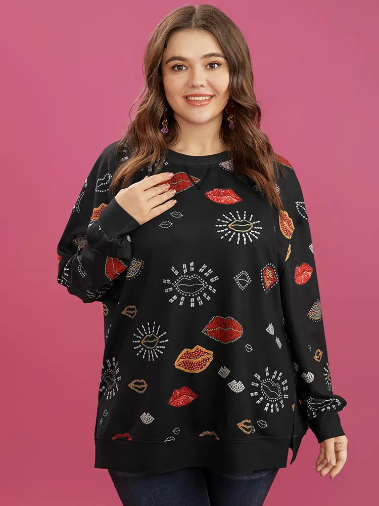 Lip Print Split Hem Drop Shoulder Sweatshirt sold by Bloomchic product image thumbnail 3