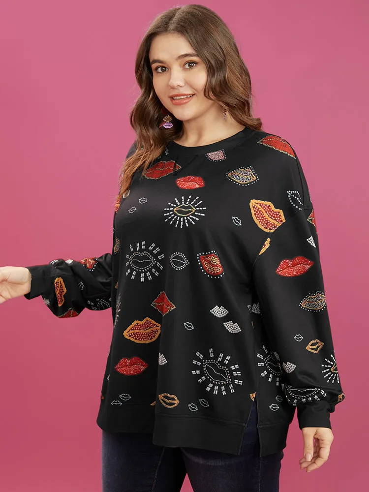Lip Print Split Hem Drop Shoulder Sweatshirt sold by Bloomchic product image thumbnail 4