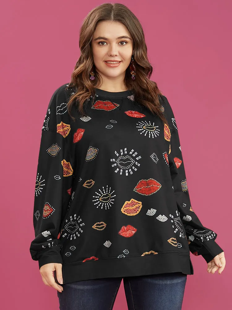 Lip Print Split Hem Drop Shoulder Sweatshirt sold by Bloomchic