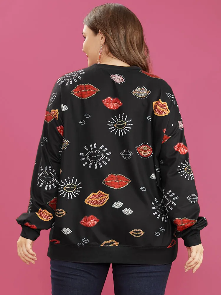Lip Print Split Hem Drop Shoulder Sweatshirt sold by Bloomchic product image thumbnail 5