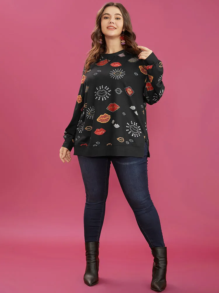 Lip Print Split Hem Drop Shoulder Sweatshirt sold by Bloomchic product image thumbnail 2