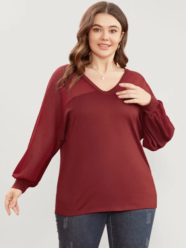 Striped Mesh Patchwork Dolman Sleeve V Neck Long Tee sold by Bloomchic