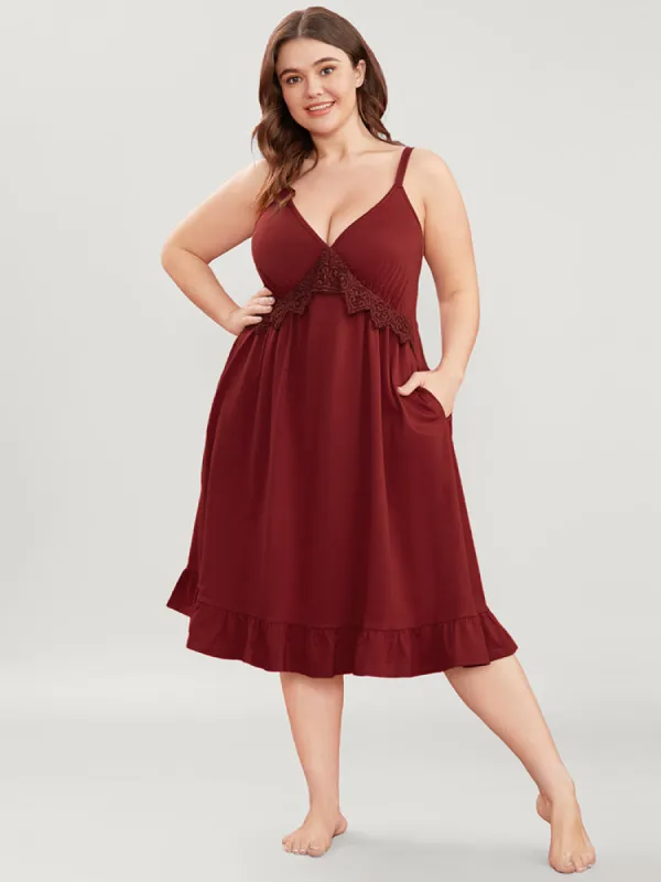 Solid Ruffles Crochet Lace Pocket Cami Night Dress sold by Bloomchic