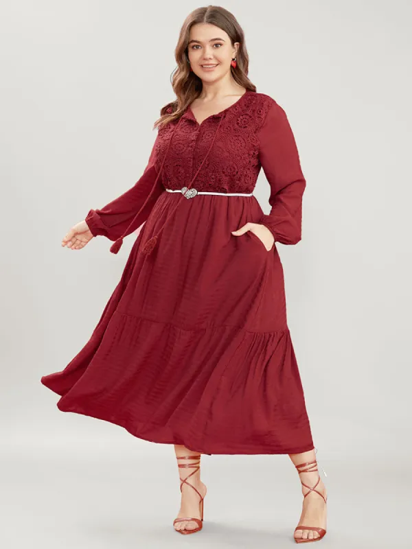 Solid Lace Button Up Tie Neck Lantern Sleeve Pocket Flutter Dress sold by Bloomchic