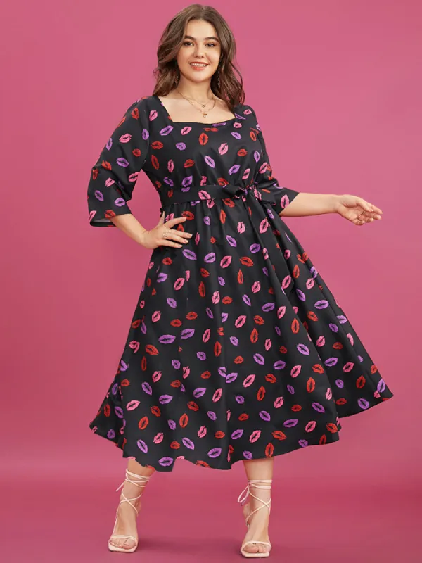 Lip Print Square Neck Pocket Belted Flutter Hem Dress sold by Bloomchic