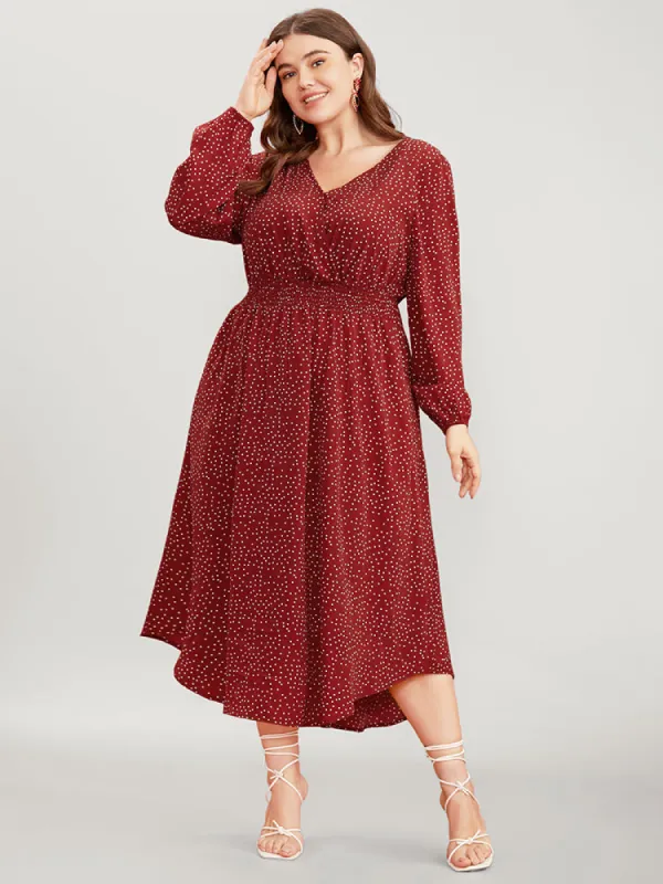 Polka Dot Wrap Lantern Sleeve Pocket Shirred Arc Hem Dress sold by Bloomchic
