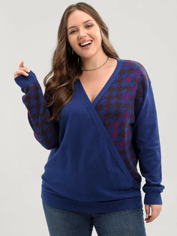 Houndstooth Contrast Super Soft Knit  Jacquard Wrap Knit Top sold by Bloomchic