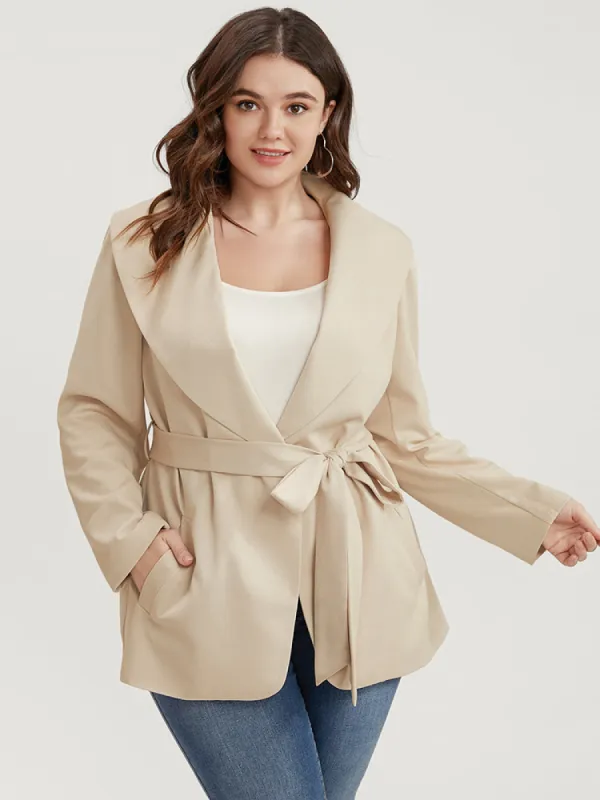 Solid Pocket Open Front Belted Lapel Collar Coat sold by Bloomchic