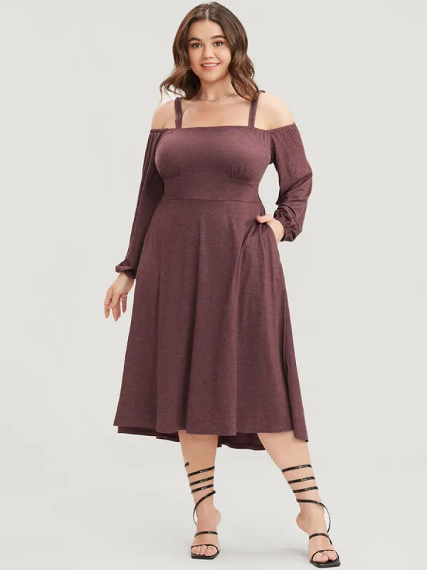 Solid Gathered Pocket Flutter Hem Cold Shoulder Dress sold by Bloomchic