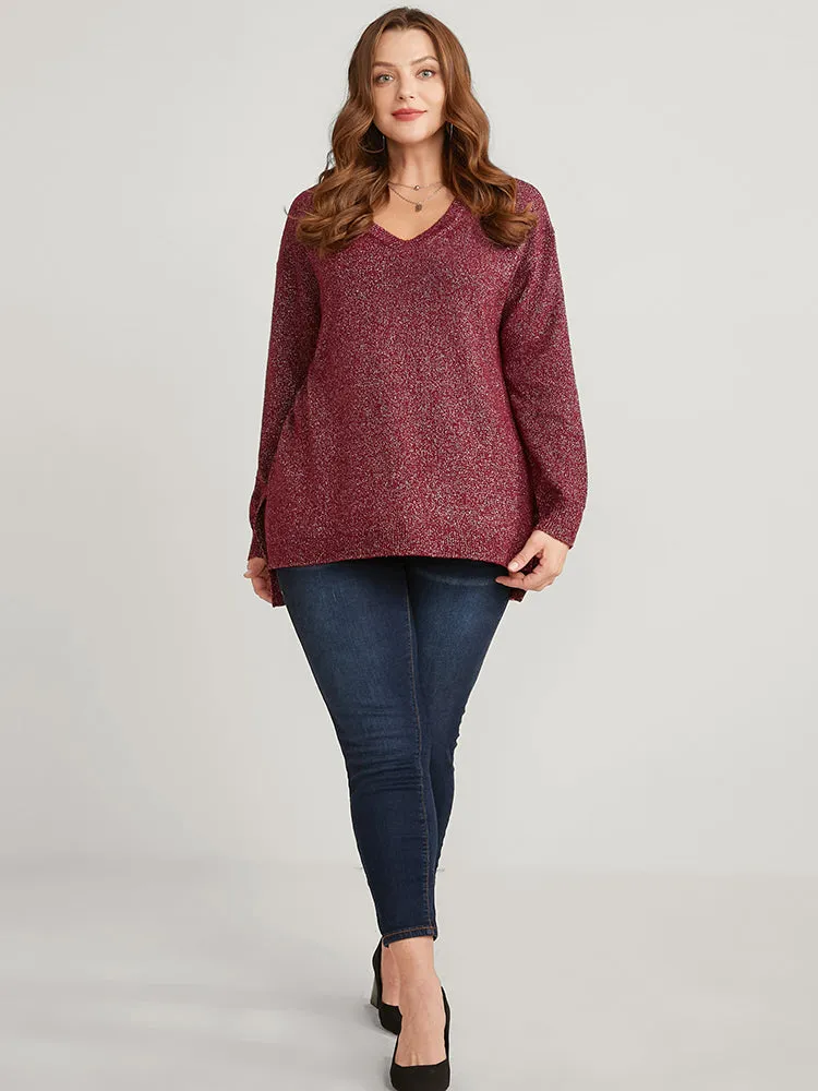 Solid Pointelle Knit V Neck Split Hem Glitter Knit Top sold by Bloomchic product image thumbnail 4