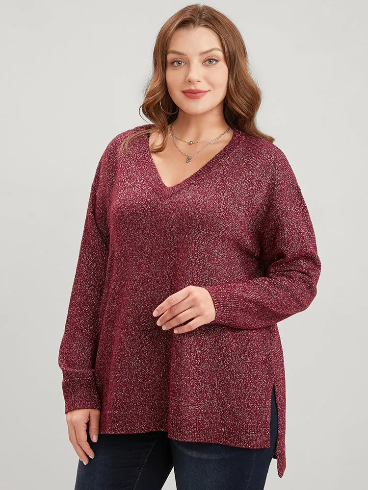 Solid Pointelle Knit V Neck Split Hem Glitter Knit Top sold by Bloomchic