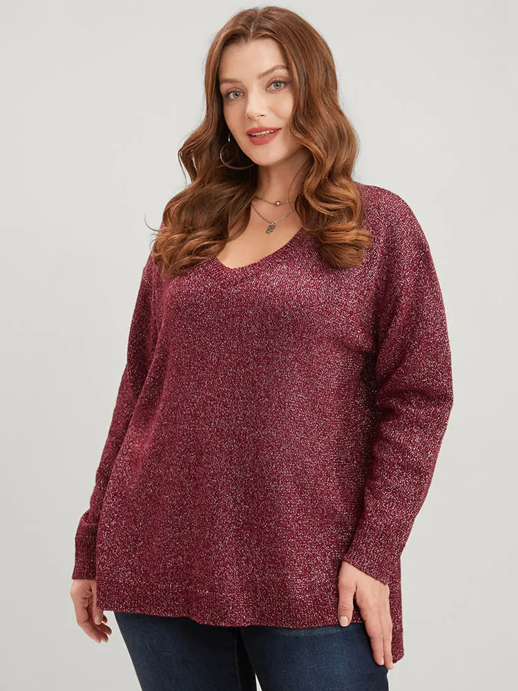 Solid Pointelle Knit V Neck Split Hem Glitter Knit Top sold by Bloomchic product image thumbnail 3