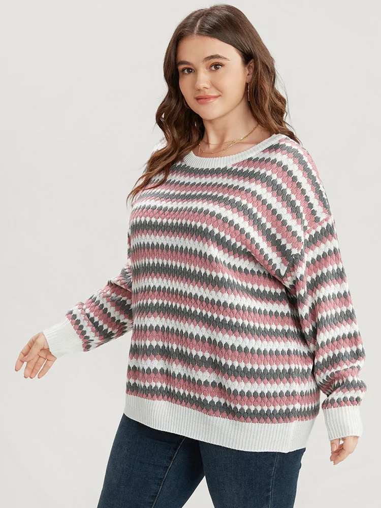 Striped Contrast Pointelle Knit Round Neck Loose Knit Top sold by Bloomchic product image thumbnail 3