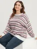 Striped Contrast Pointelle Knit Round Neck Loose Knit Top sold by Bloomchic