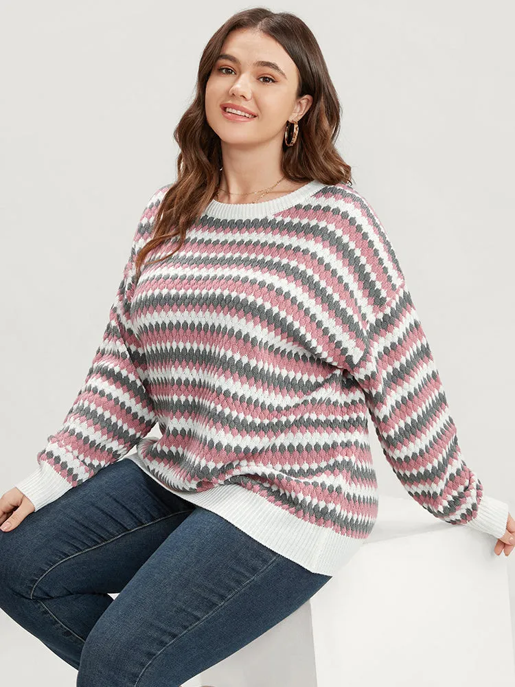 Striped Contrast Pointelle Knit Round Neck Loose Knit Top sold by Bloomchic
