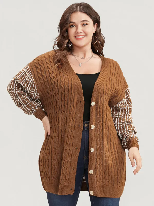 Gingham Contrast Soft Sexy Yarn Knit Cable Knit Button Front Cardigan sold by Bloomchic