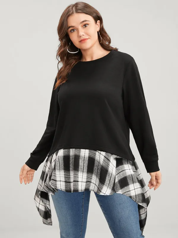 Tartan Patchwork Round Neck Asymmetrical Hem Sweatshirt sold by Bloomchic
