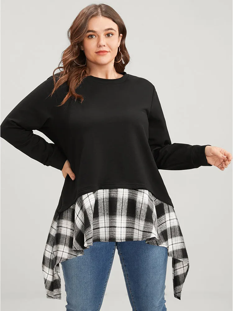 Tartan Patchwork Round Neck Asymmetrical Hem Sweatshirt sold by Bloomchic product image thumbnail 5